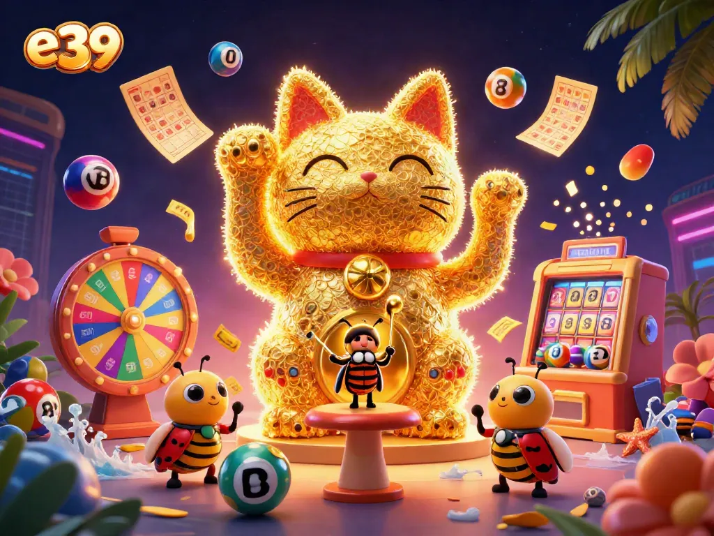 Experience the excitement of e39 with a dynamic image of a lucky cat made of fireflies amidst casino elements.