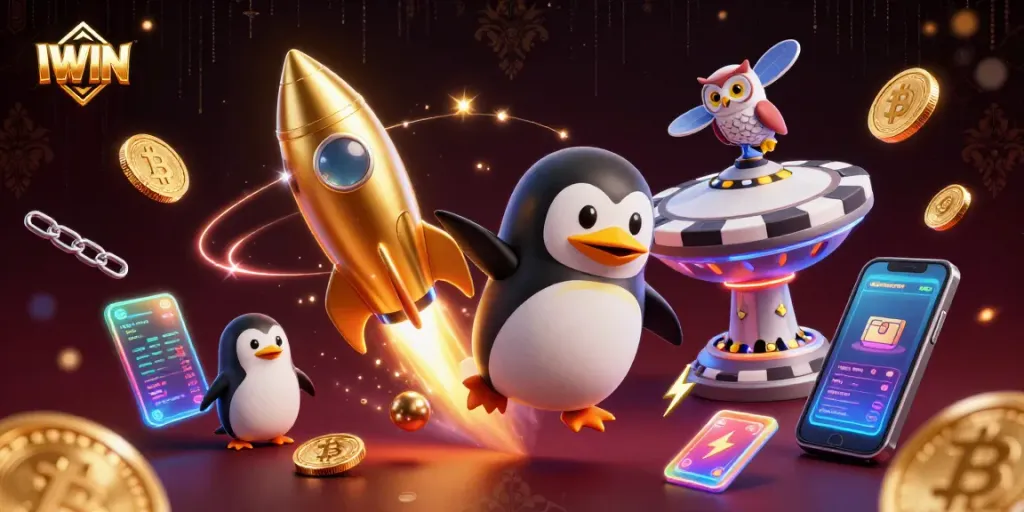 Experience thrilling IWIN gameplay with a golden penguin and crypto icons in a vibrant casino universe.
