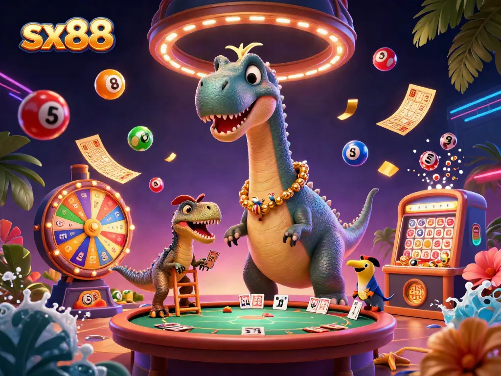 Engage in fun casino gaming with sx88 as a brontosaurus oversees a lively poker game scene.