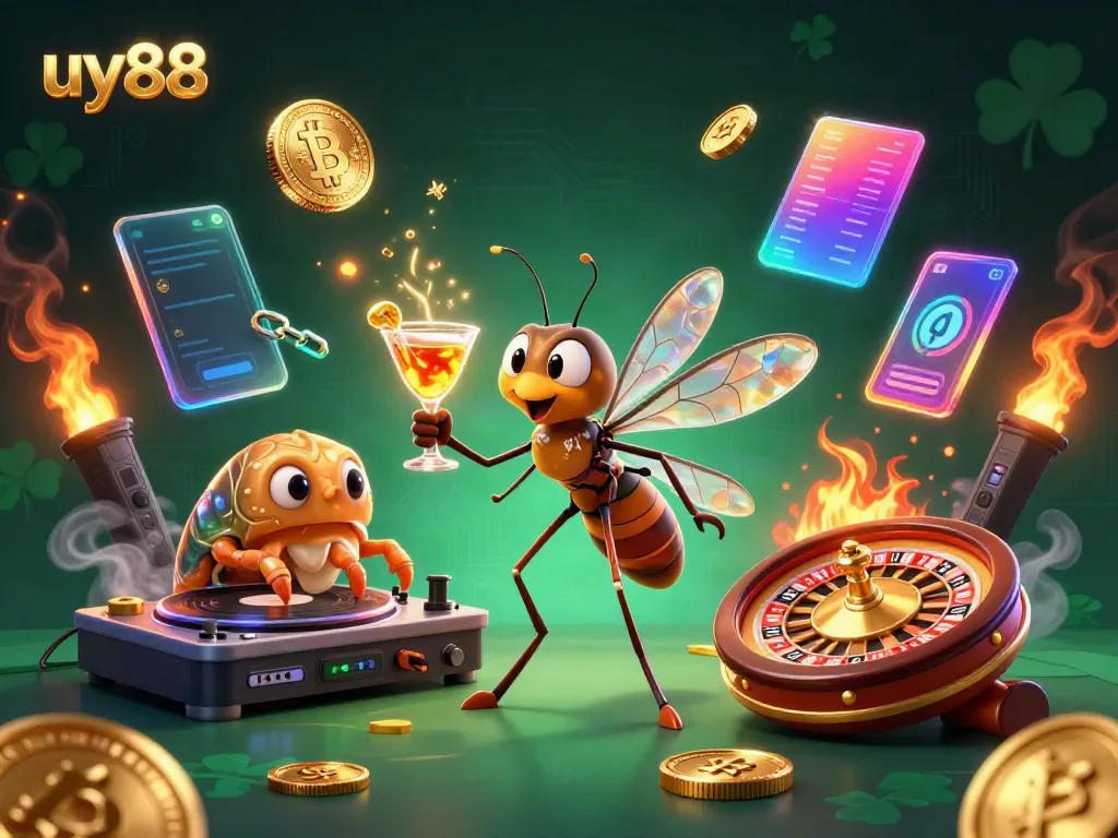 Experience thrilling gaming at uy88 with a vibrant casino scene of animated characters and crypto elements.