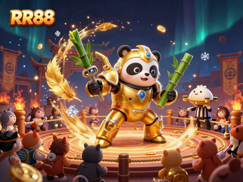 Engage with RR88 in a vibrant gambling arena featuring a golden panda piloting a robot, surrounded by cheering animals.