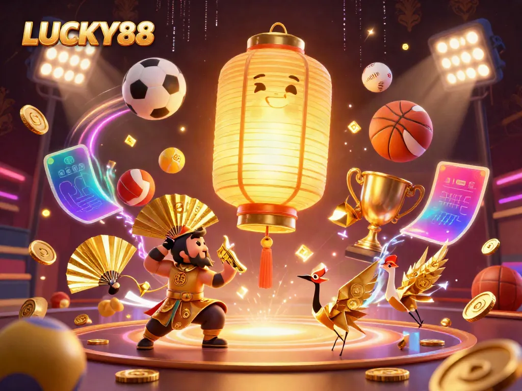 Action-packed scene representing LUCKY88 online casino with golden lantern spirit and gaming symbols.