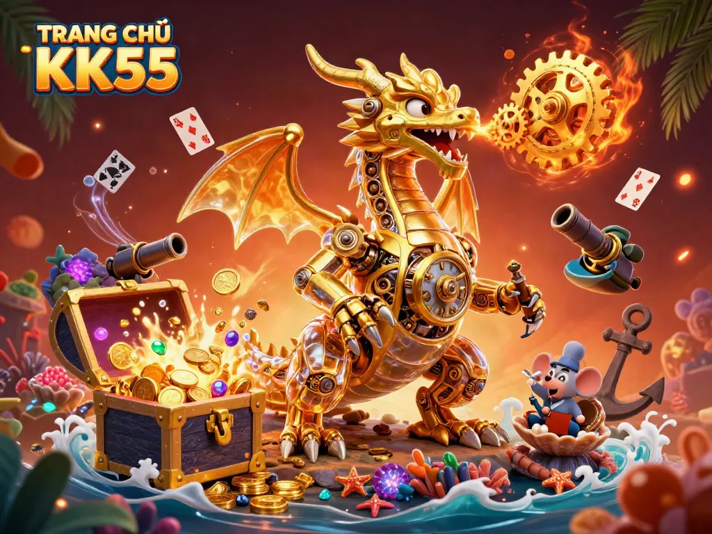 Engage with TRANG CHỦ KK55, featuring a biomechanical dragon amidst bursts of gold coins and vibrant gaming elements.