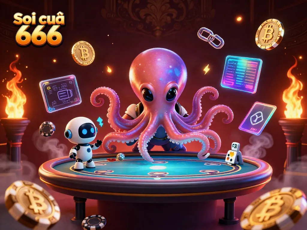 Soi cầu 666 showcases a vibrant 3D scene of an alien octopus managing a holographic poker table with cryptocurrency elements