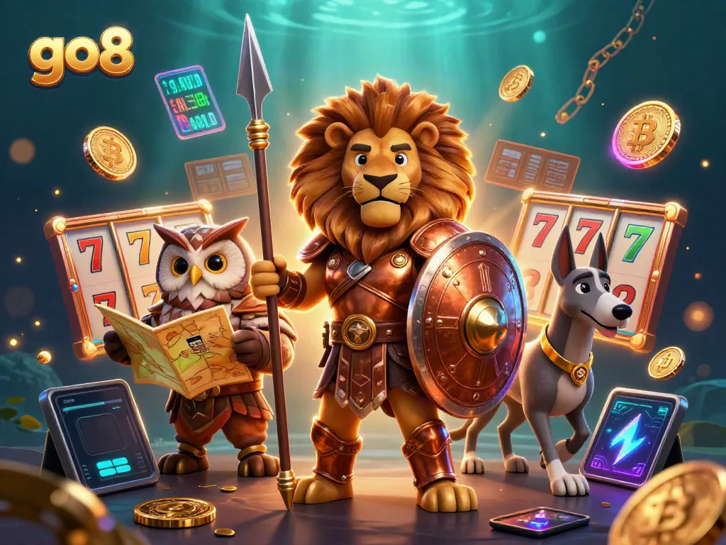 Experience thrilling slots and gaming excitement with go8's vibrant casino scene featuring a Spartan lion.