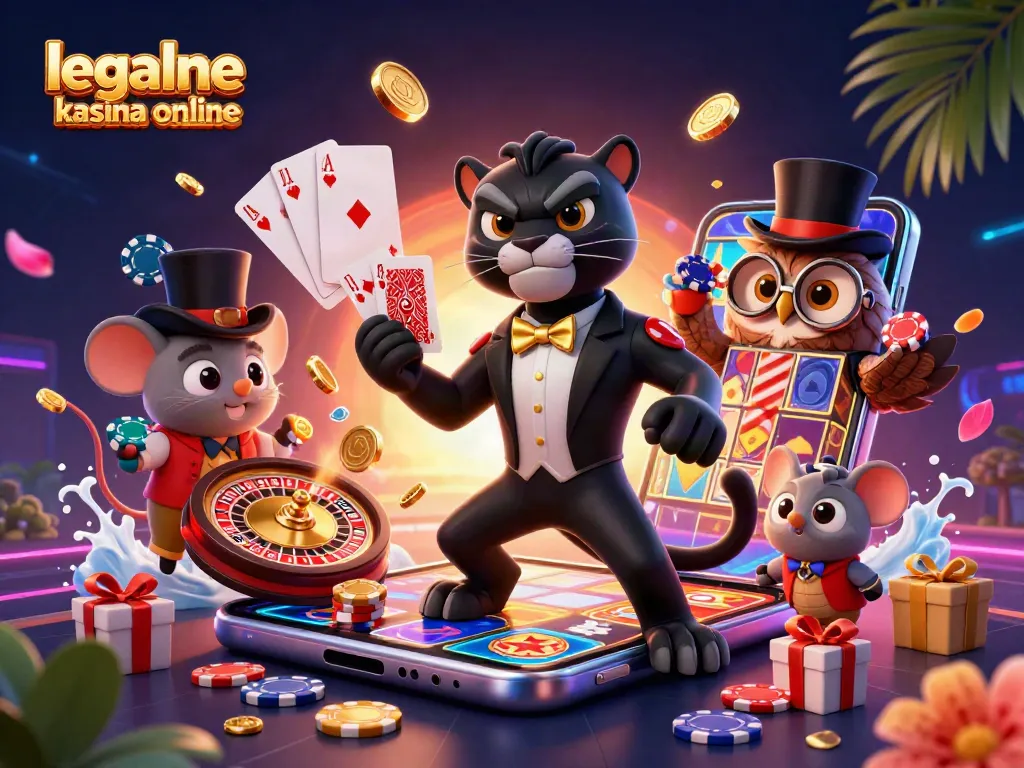 Engage with legalne kasyna online featuring a stylish panther dealer, owl with chips, and vibrant game elements.
