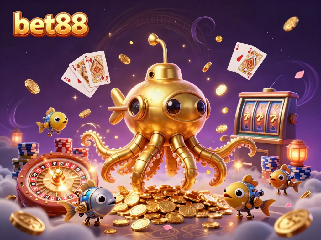 Experience thrilling moments at bet88 with a dynamic 3D scene featuring a golden kraken and casino elements.