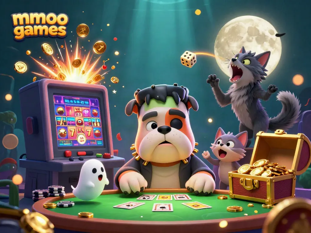 Experience thrilling mmoo games with a vibrant 3D casino scene featuring unique characters and bursting jackpots.