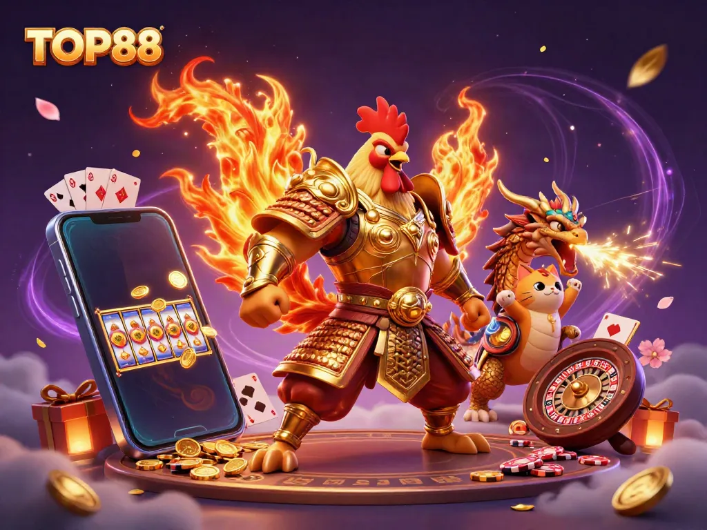 TOP88 casino scene featuring a 3D rooster warrior, dragon, and fortune cat amidst lively gaming elements