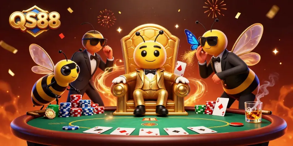 Experience high stakes poker action with QS88's engaging 3D casino scene, filled with vibrant characters and game elements.