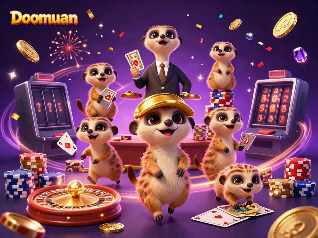 Doomuan meerkat casino scene illustrating lively dealers, coins, and 3D gaming elements