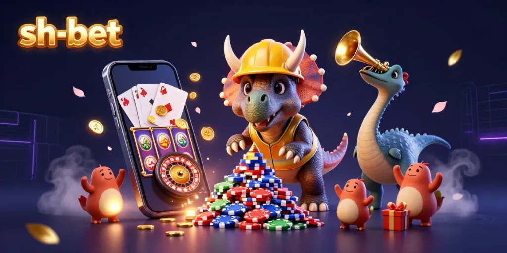 Experience sh-bet excitement with a cheerful triceratops, celebrating wins among poker chips and vibrant slot games.
