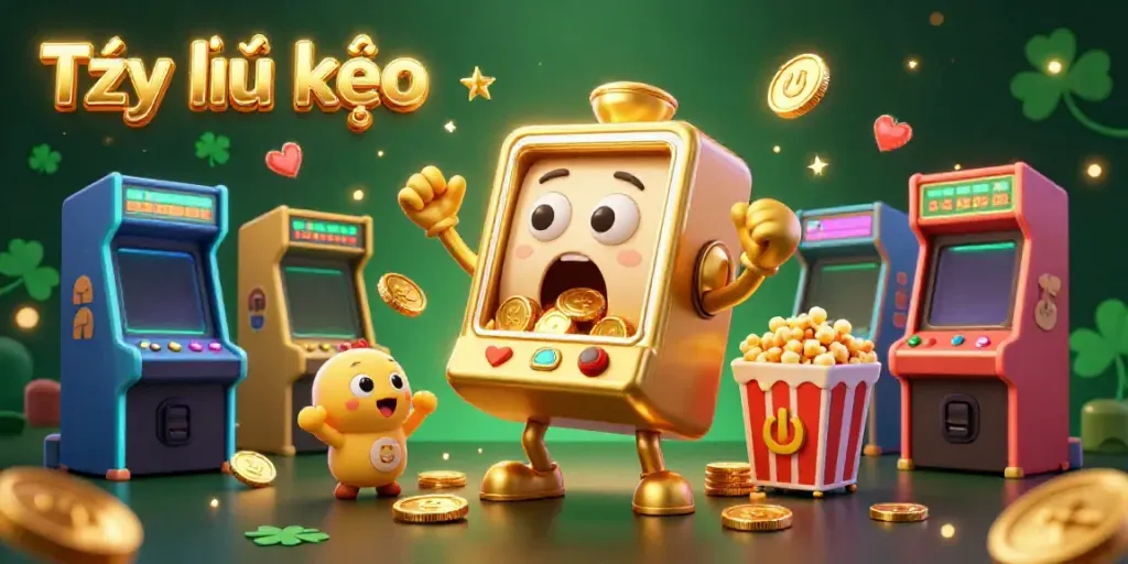 This illustration features the Tỷ lệ kèo golden slot machine celebrating a jackpot, surrounded by cheering baby slot machines and arcade game elements.