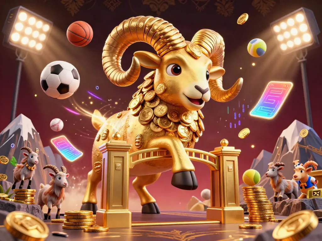 Experience the thrill of sports betting with uy88's vibrant 3D digital art featuring a golden ram and dynamic sports elements.
