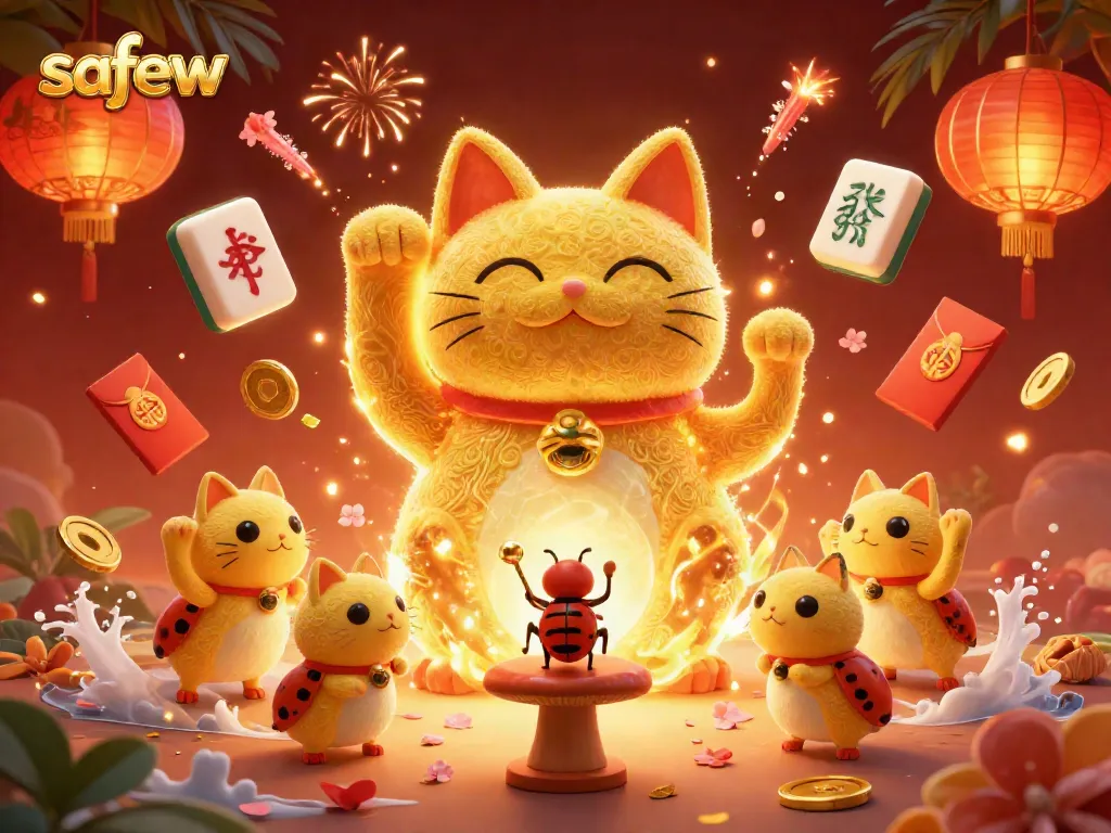 Engage with safew, a 3D illustration featuring a lucky cat and fireflies surrounded by dynamic casino symbols.