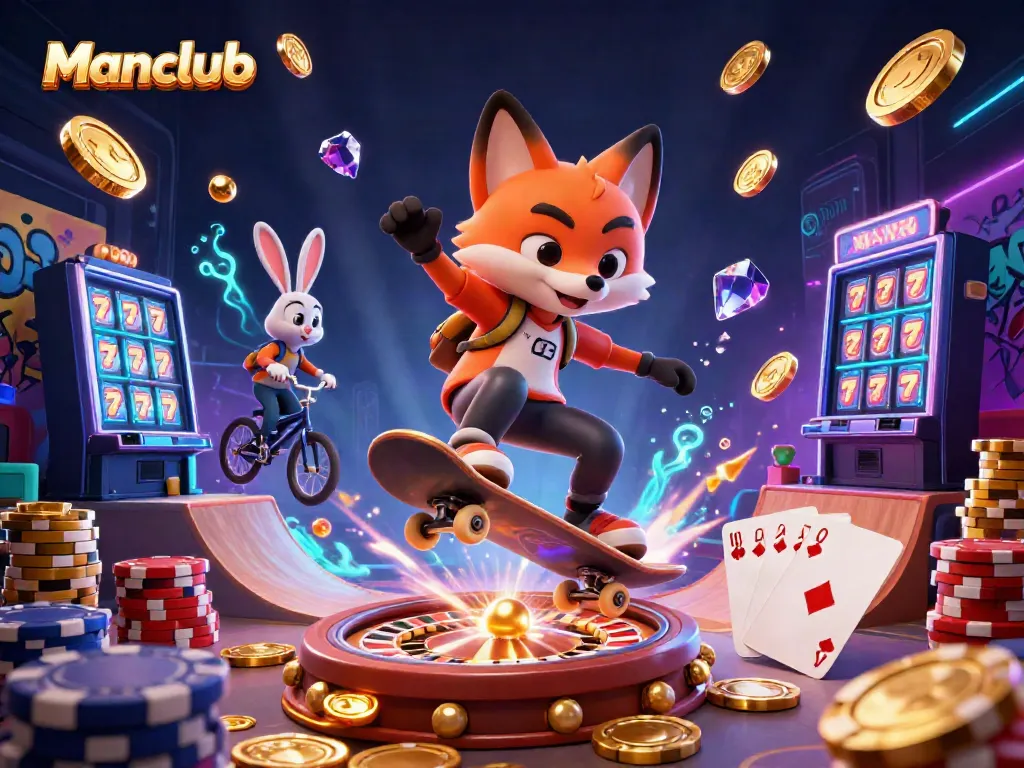 Engaging scene of Manclub's betting thrill, featuring a fox and rabbit in vibrant casino elements.