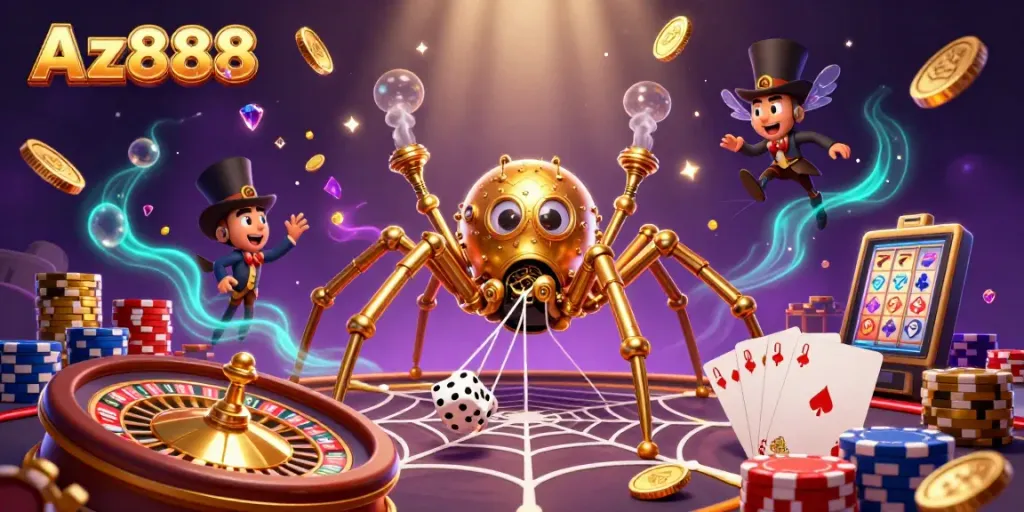 Az888 captures the excitement of casino gaming with a steampunk spider and precious gems.